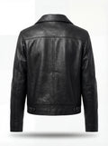 Rear view of black leather trucker jacket showing central vertical seam and adjustable side waist tabs. The Matrix by Maverick Jacket.