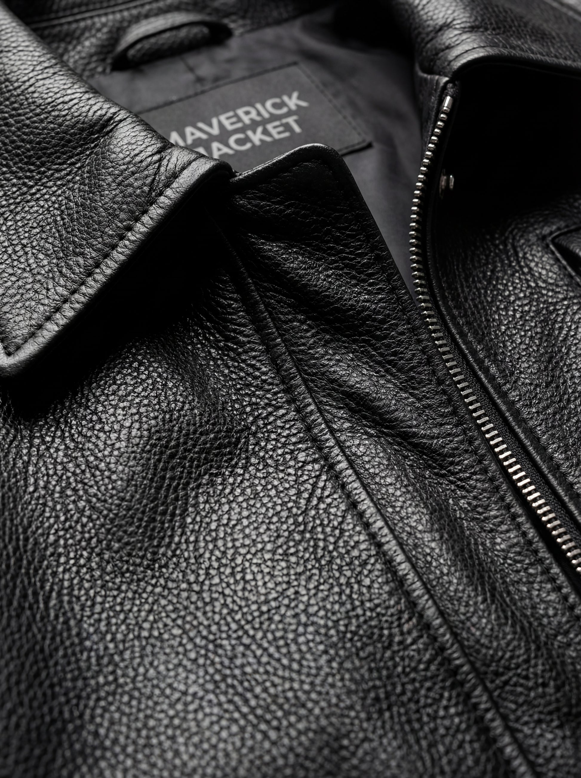Macro shot of pebbled black leather grain and silver zipper hardware on trucker jacket. The Matrix by Maverick Jacket.