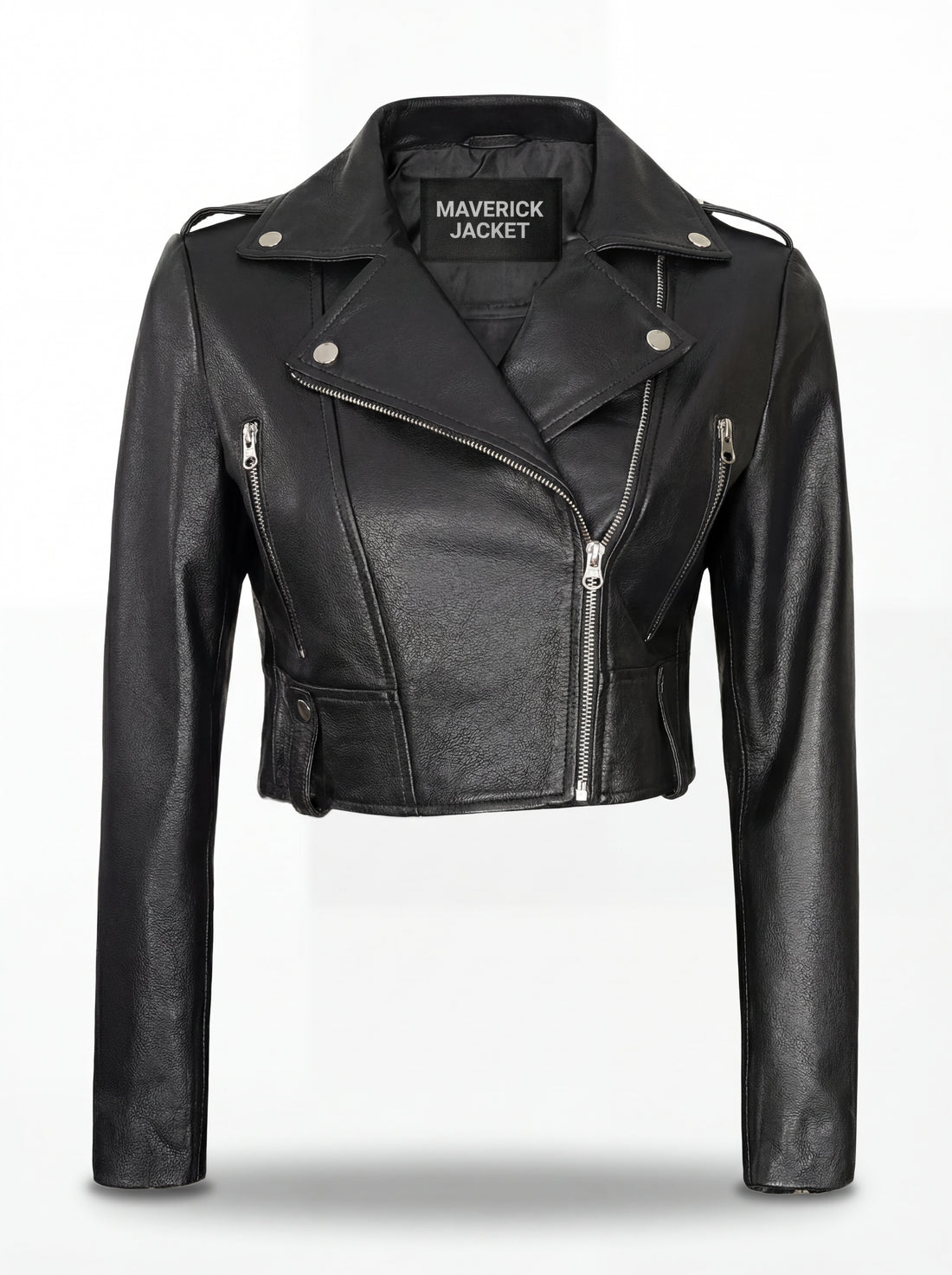 Women's black leather biker jacket with asymmetrical silver zipper and snap lapels, Front View. The Raven by Maverick Jacket.