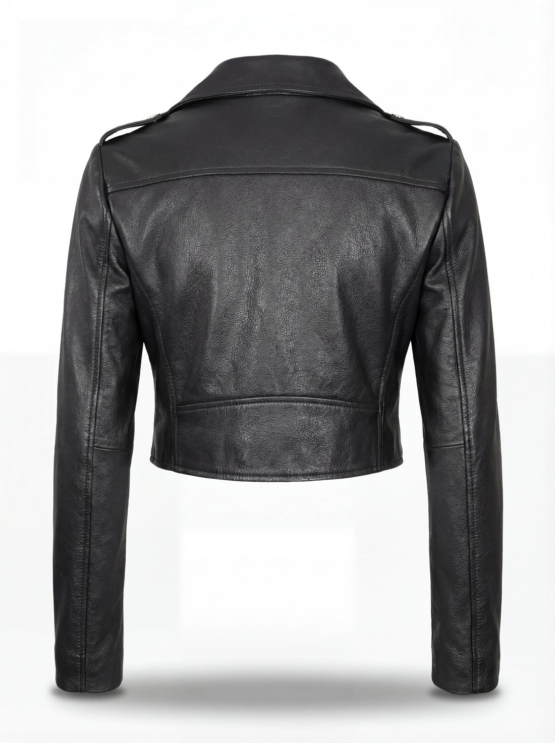Women's black leather biker jacket with asymmetrical silver zipper and snap lapels, Front View. The Raven by Maverick Jacket.