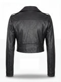 Rear view of black leather biker jacket showing structured shoulder yoke and epaulet details. The Raven by Maverick Jacket.
