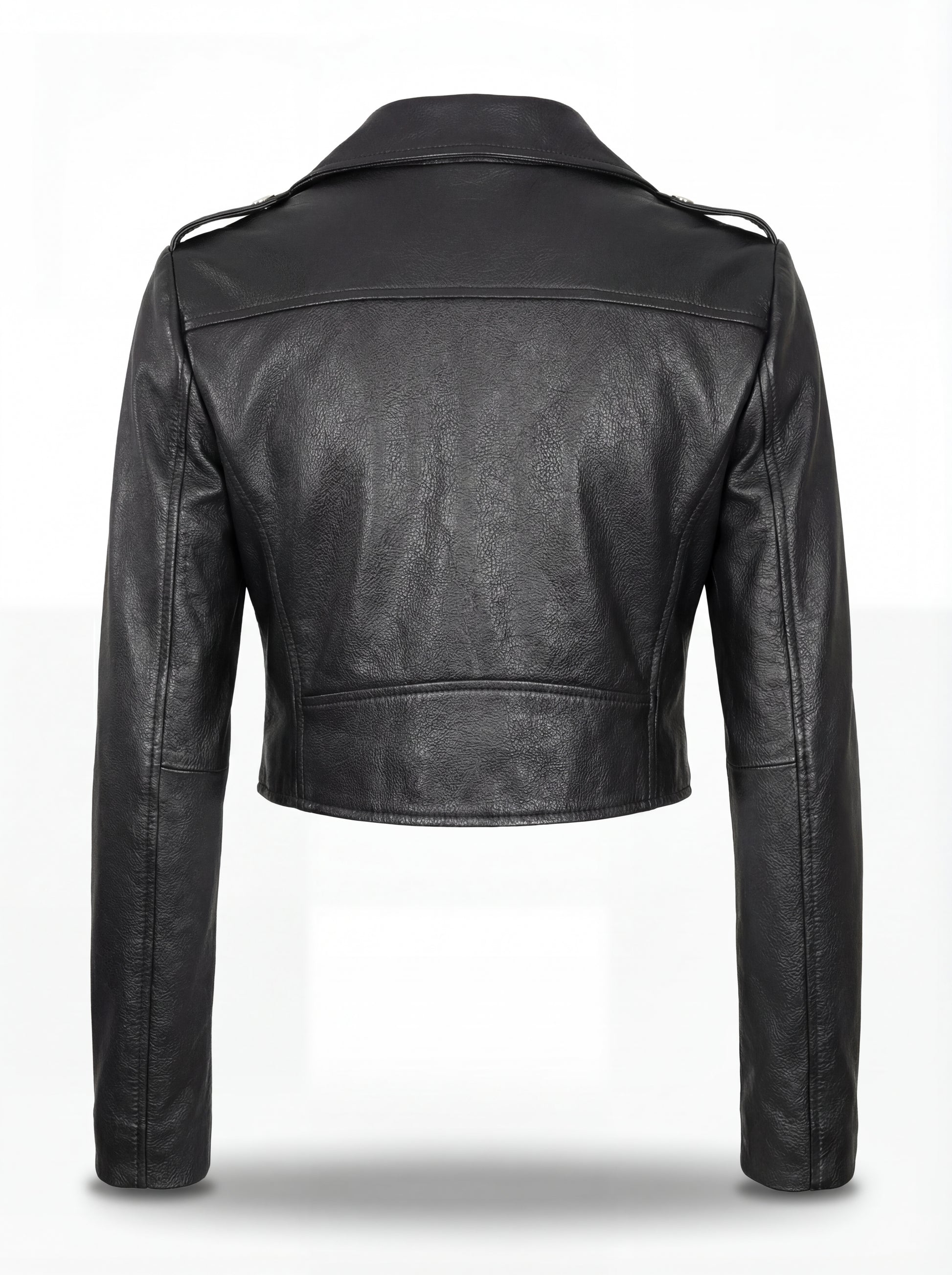 Rear view of black leather biker jacket showing structured shoulder yoke and epaulet details. The Raven by Maverick Jacket.