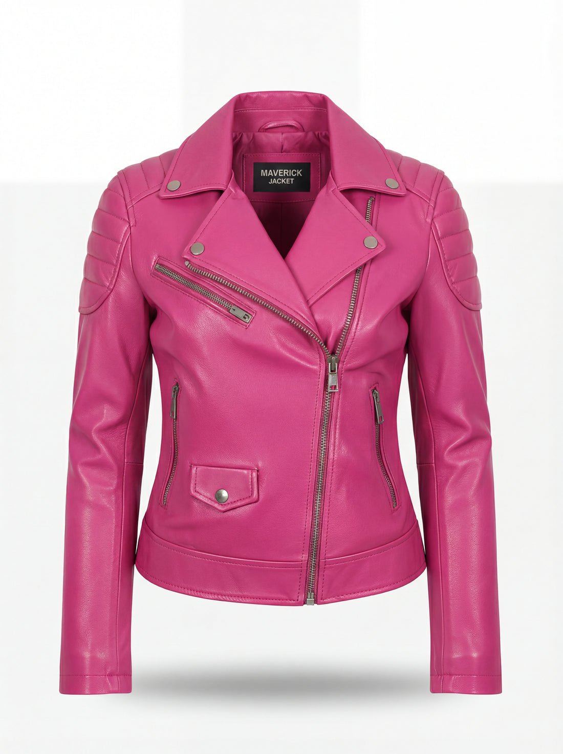 Women's fuchsia leather biker jacket with quilted shoulder panels and asymmetrical silver zipper, Front View. The Cleo by Maverick Jacket.