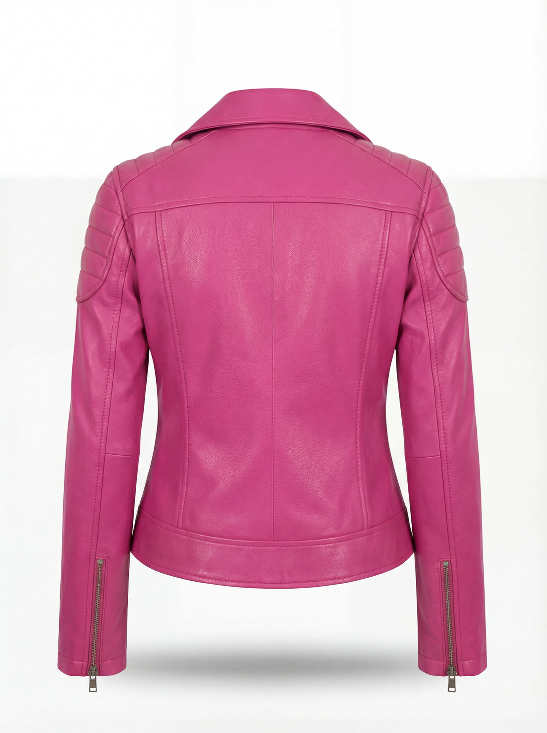 Women's fuchsia leather biker jacket with quilted shoulder panels and asymmetrical silver zipper, Front View. The Cleo by Maverick Jacket.