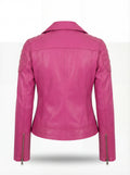 Rear view of fuchsia leather biker jacket showing quilted shoulder details and fitted back paneling. The Cleo by Maverick Jacket.