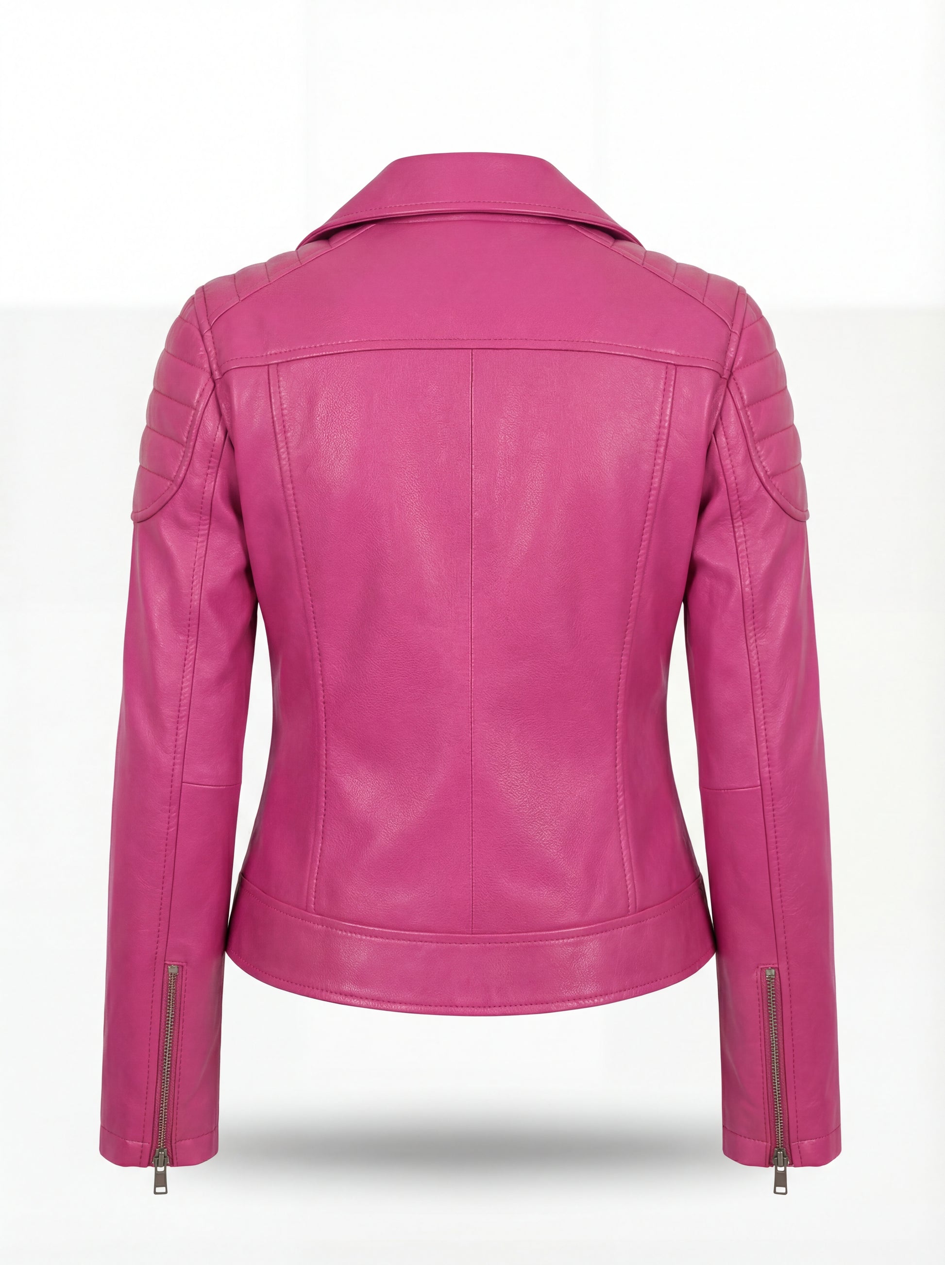 Rear view of fuchsia leather biker jacket showing quilted shoulder details and fitted back paneling. The Cleo by Maverick Jacket.