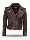 Women's distressed brown leather biker jacket with belted waist and asymmetrical zipper pockets, Front View. The Zephyr by Maverick Jacket.