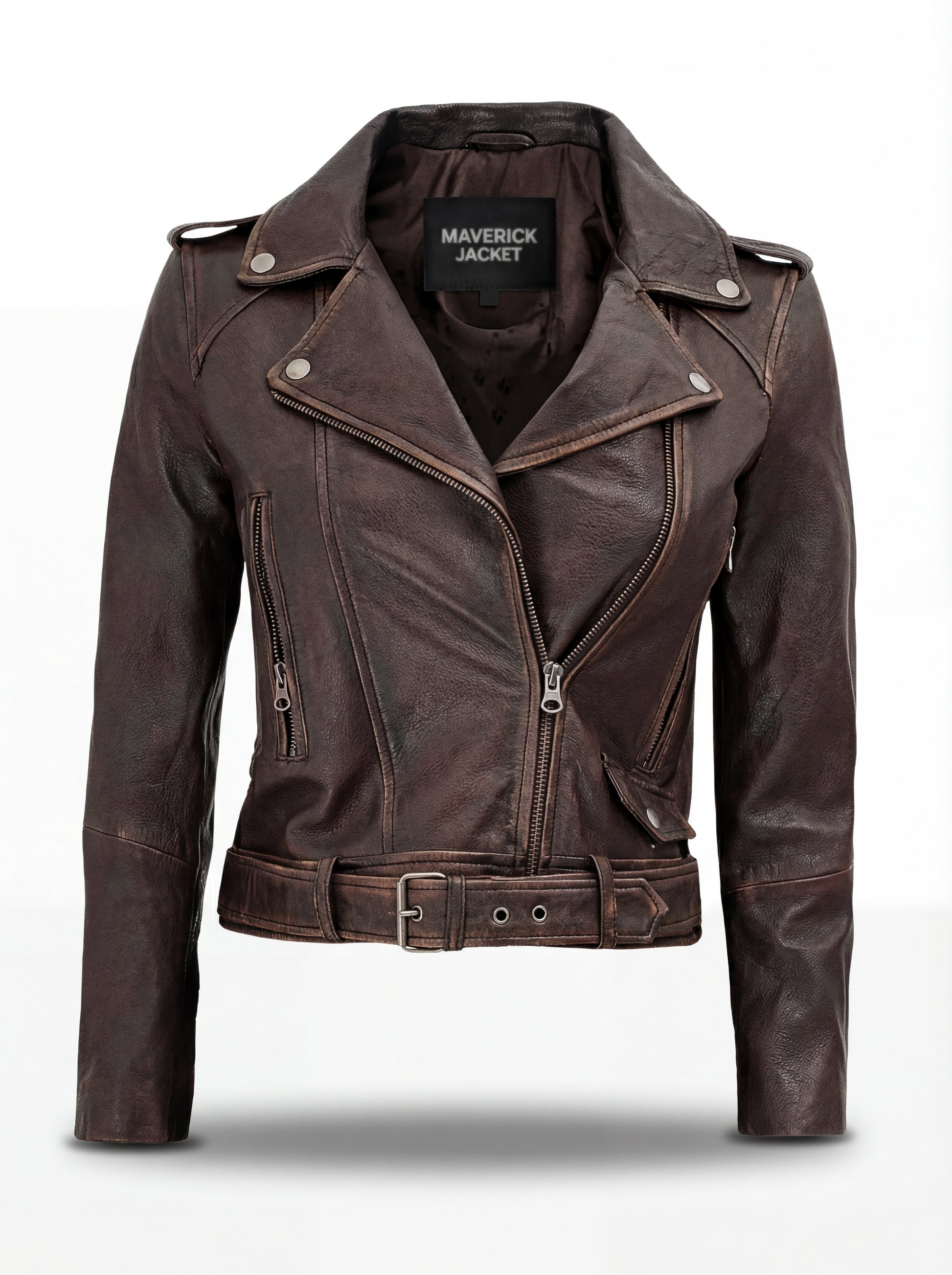 Women's distressed brown leather biker jacket with belted waist and asymmetrical zipper pockets, Front View. The Zephyr by Maverick Jacket.