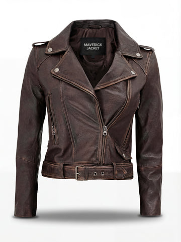 Women's distressed brown leather biker jacket with belted waist and asymmetrical zipper pockets, Front View. The Zephyr by Maverick Jacket.