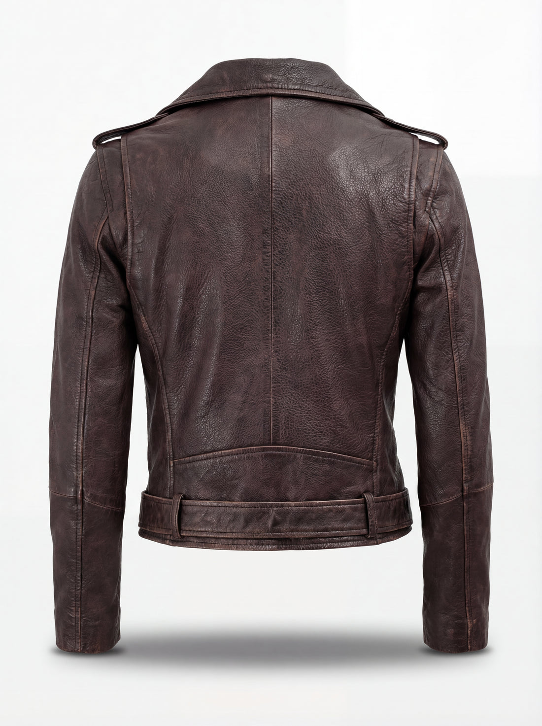 Women's distressed brown leather biker jacket with belted waist and asymmetrical zipper pockets, Front View. The Zephyr by Maverick Jacket.