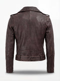 Rear view of distressed brown leather biker jacket showing vertical seam paneling and belted hem loops. The Zephyr by Maverick Jacket.