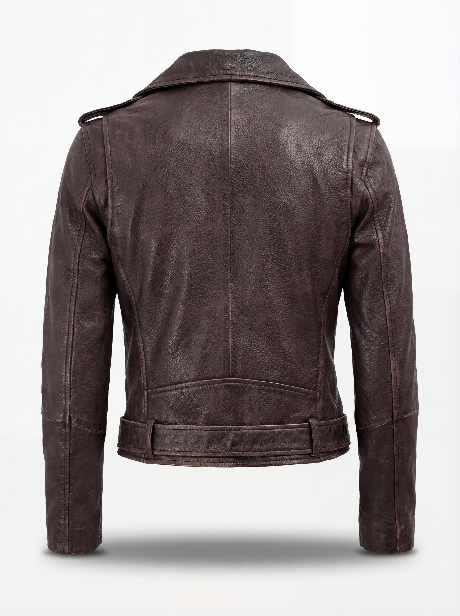 Rear view of distressed brown leather biker jacket showing vertical seam paneling and belted hem loops. The Zephyr by Maverick Jacket.