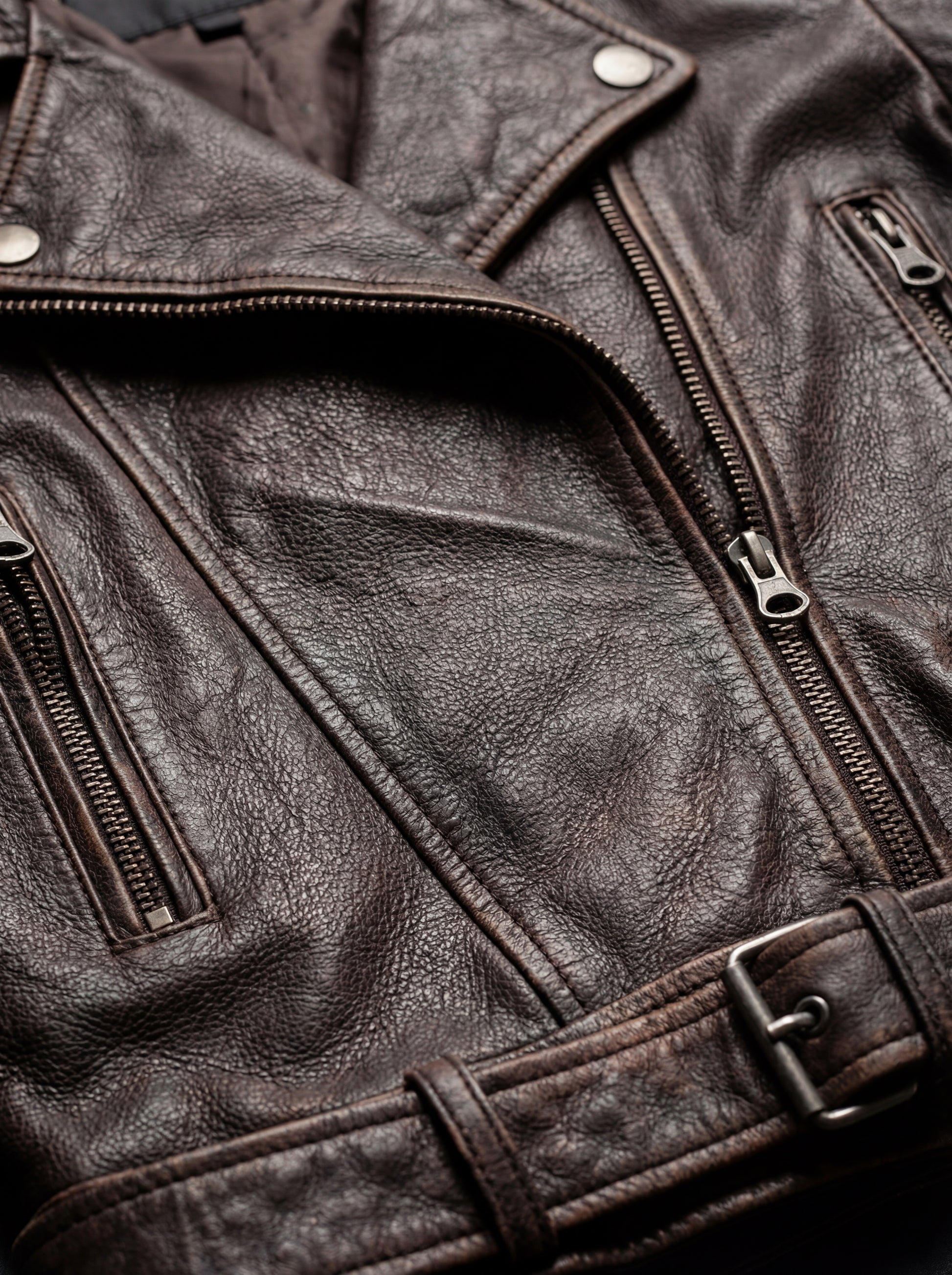 Macro shot of weathered brown leather grain and antique metal zipper hardware on biker jacket. The Zephyr by Maverick Jacket.