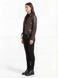 Side profile of Maverick Zephyr distressed brown biker jacket showing zippered sleeve cuffs and belted hem detail. Maverick Jacket.