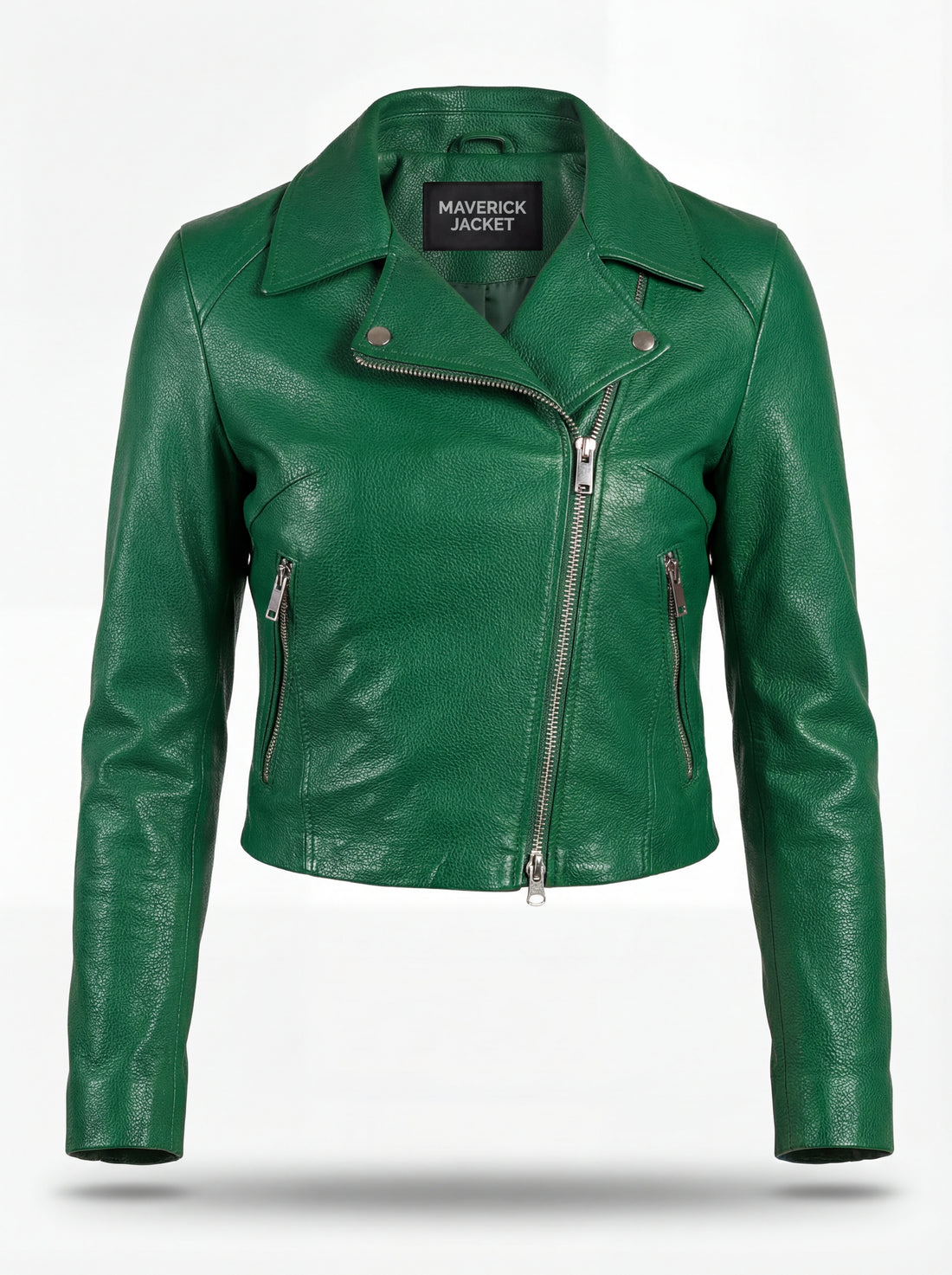 Women's emerald green leather biker jacket with silver asymmetrical zipper and notched lapels, Front View. The Jade by Maverick Jacket.