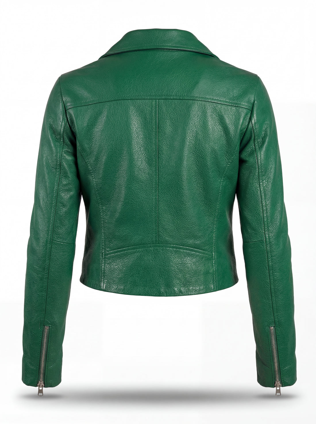 Women's emerald green leather biker jacket with silver asymmetrical zipper and notched lapels, Front View. The Jade by Maverick Jacket.