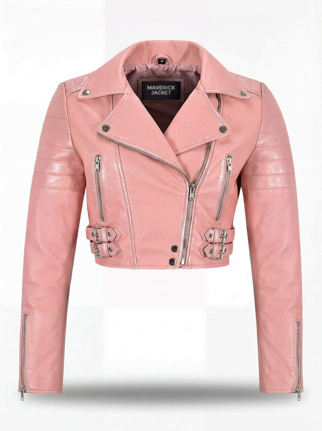 Women's pink leather biker jacket with quilted sleeve panels and dual side buckle straps, Front View. The Siren by Maverick Jacket.