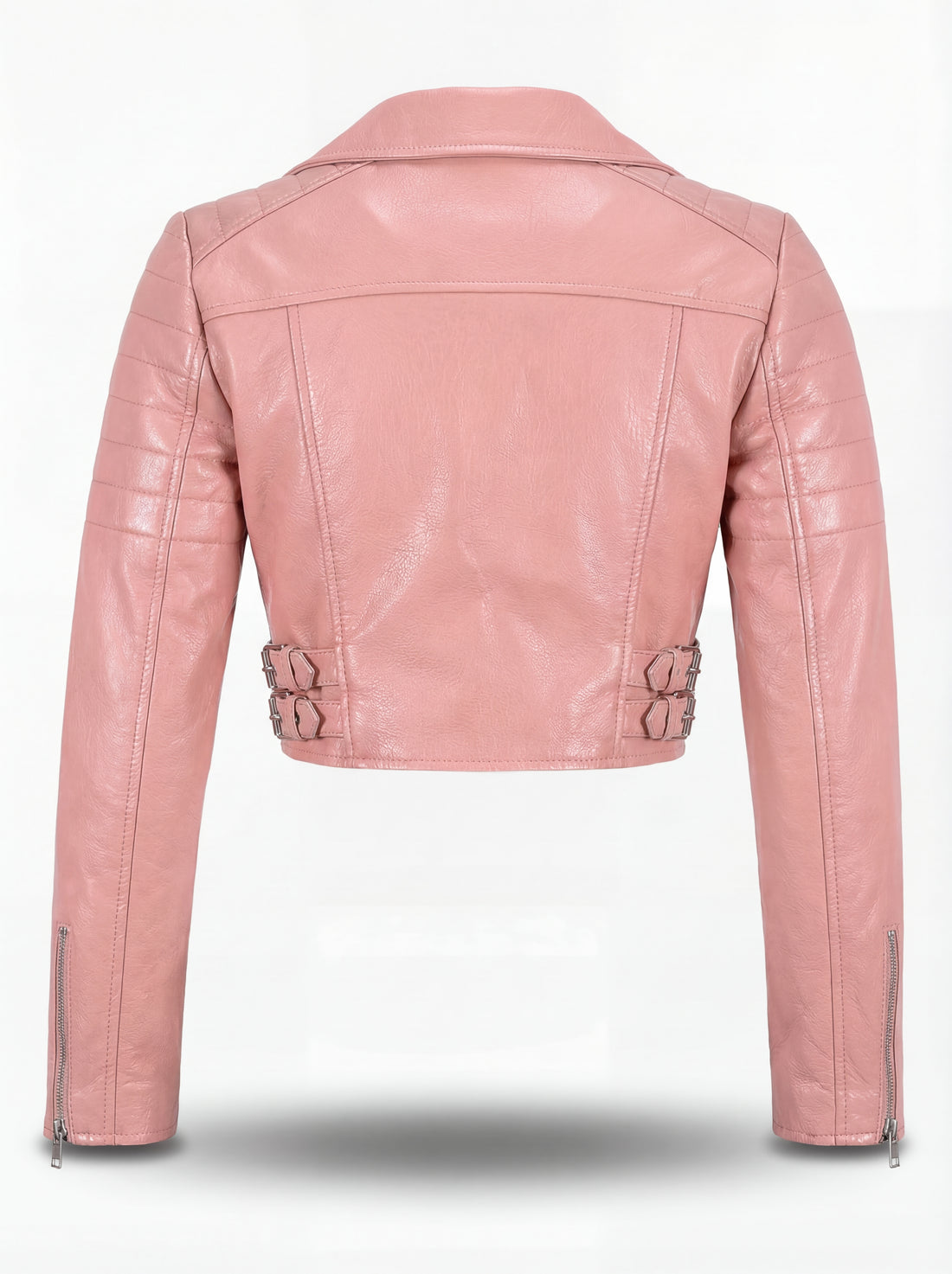 Women's pink leather biker jacket with quilted sleeve panels and dual side buckle straps, Front View. The Siren by Maverick Jacket.