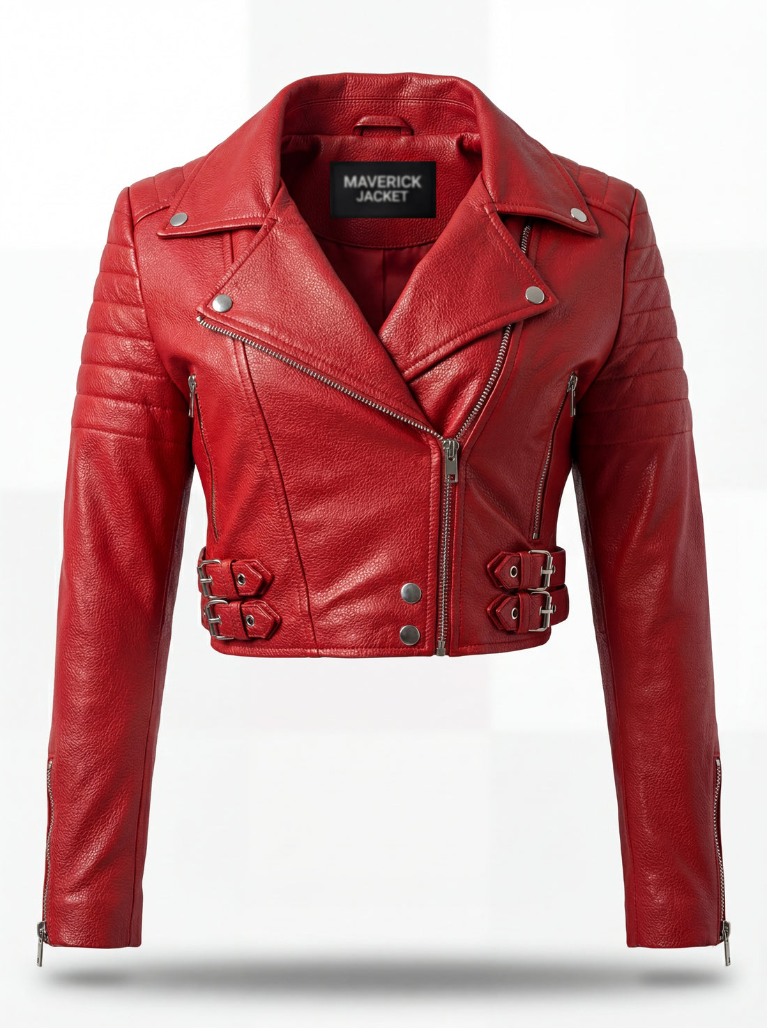 Women's red leather biker jacket with quilted shoulder panels and dual side buckles, Front View. The Vixen by Maverick Jacket.
