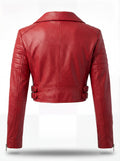 Rear view of red leather biker jacket showing ribbed sleeve panels and structured back yoke. The Vixen by Maverick Jacket.