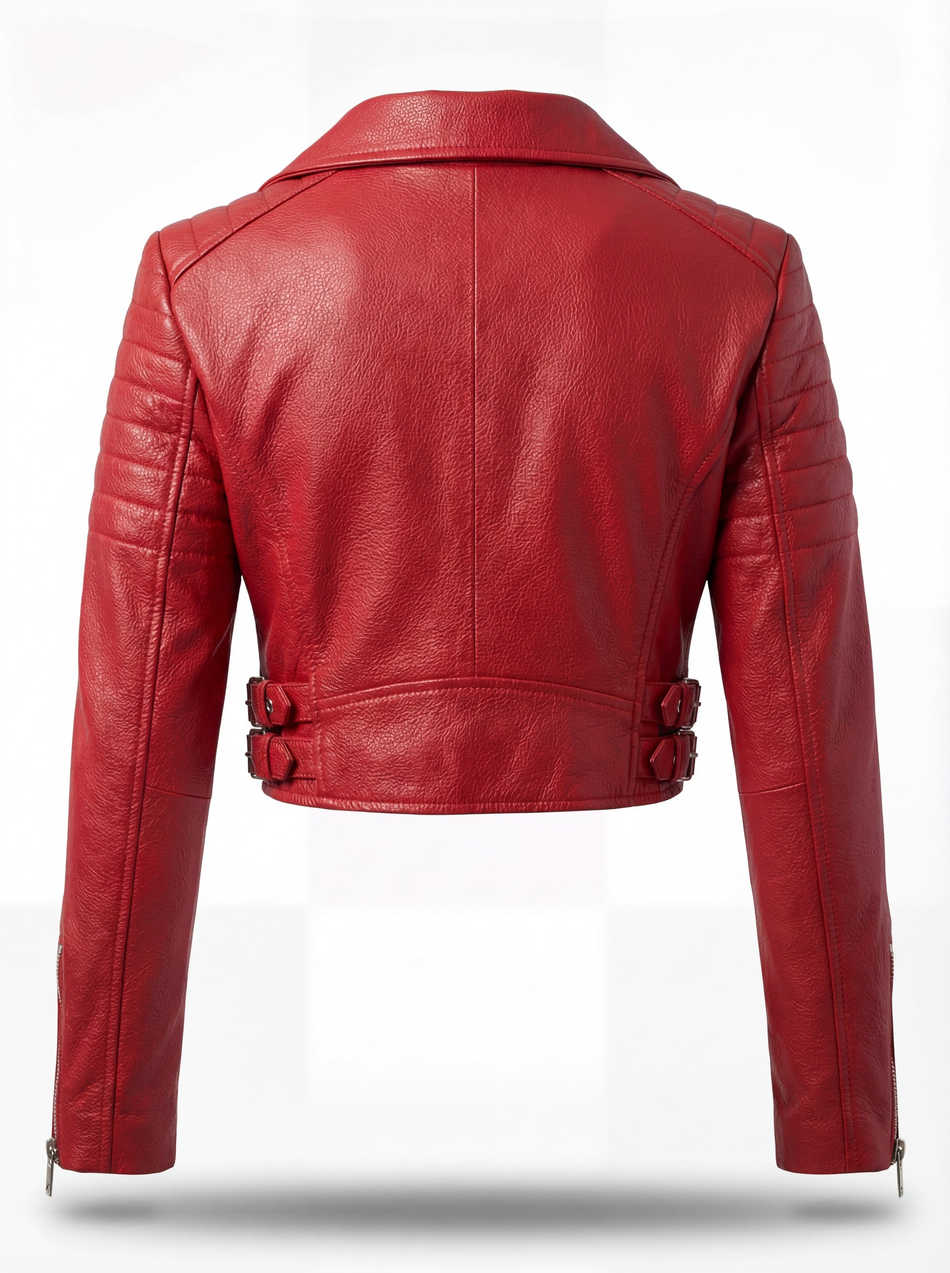 Rear view of red leather biker jacket showing ribbed sleeve panels and structured back yoke. The Vixen by Maverick Jacket.