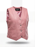 Women's pink leather vest with V-neckline and four silver snap buttons, Front View. The Belle by Maverick Jacket.