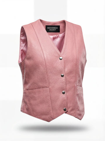 Women's pink leather vest with V-neckline and four silver snap buttons, Front View. The Belle by Maverick Jacket.
