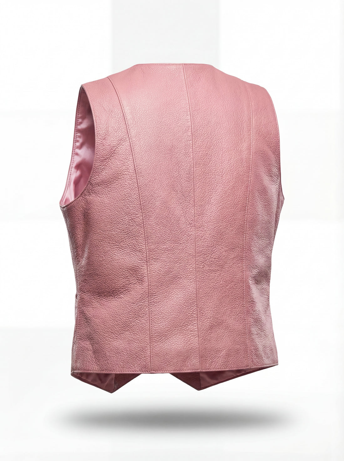 Women's pink leather vest with V-neckline and four silver snap buttons, Front View. The Belle by Maverick Jacket.