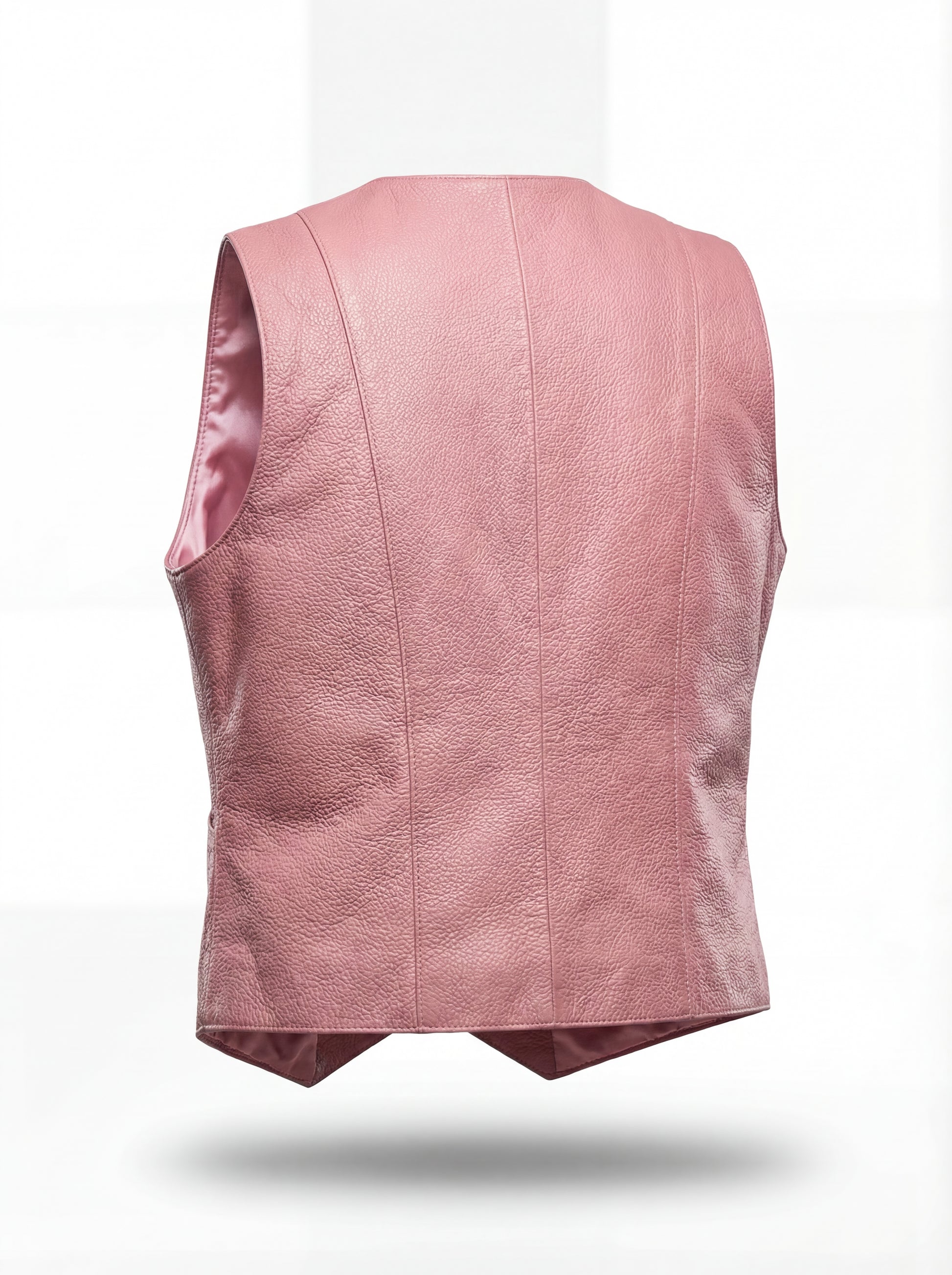 Rear view of pink leather vest showing vertical seam paneling and fitted silhouette. The Belle by Maverick Jacket.