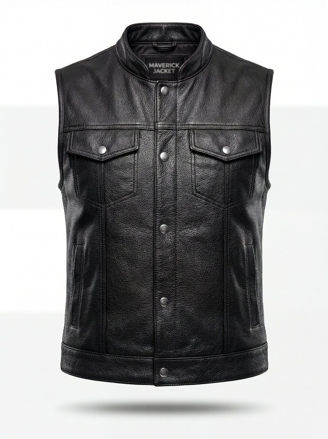 Women's black pebbled leather biker vest with silver snap buttons and flap chest pockets, Front View. The Oakley by Maverick Jacket.