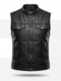 Women's black pebbled leather biker vest with silver snap buttons and flap chest pockets, Front View. The Oakley by Maverick Jacket.