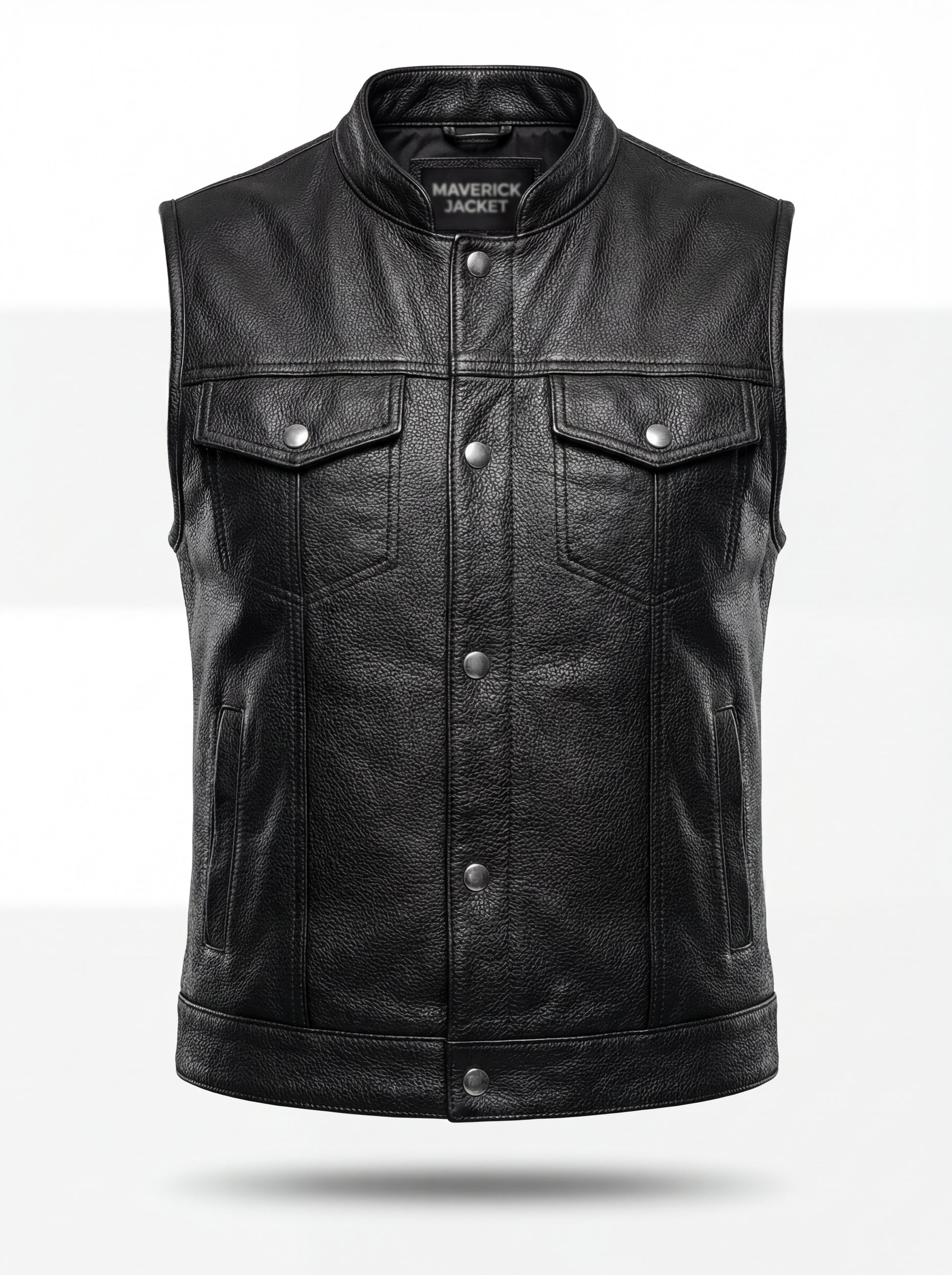 Women's black pebbled leather biker vest with silver snap buttons and flap chest pockets, Front View. The Oakley by Maverick Jacket.