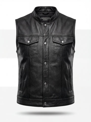 Women's black pebbled leather biker vest with silver snap buttons and flap chest pockets, Front View. The Oakley by Maverick Jacket.
