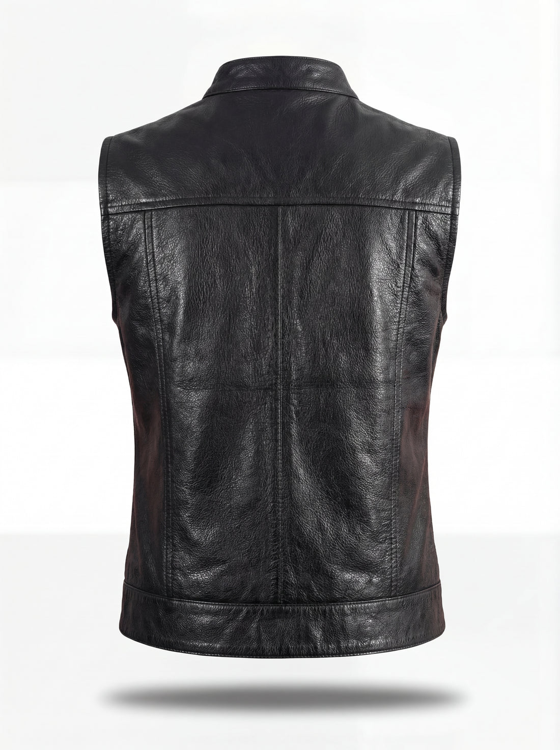 Women's black pebbled leather biker vest with silver snap buttons and flap chest pockets, Front View. The Oakley by Maverick Jacket.