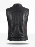 Rear view of black leather biker vest showing horizontal yoke panel and vertical center seam. The Oakley by Maverick Jacket.