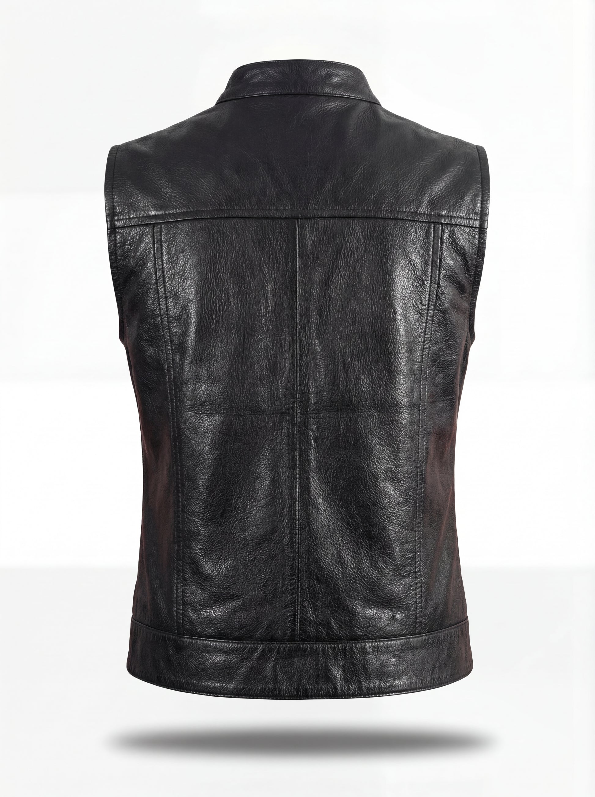 Rear view of black leather biker vest showing horizontal yoke panel and vertical center seam. The Oakley by Maverick Jacket.