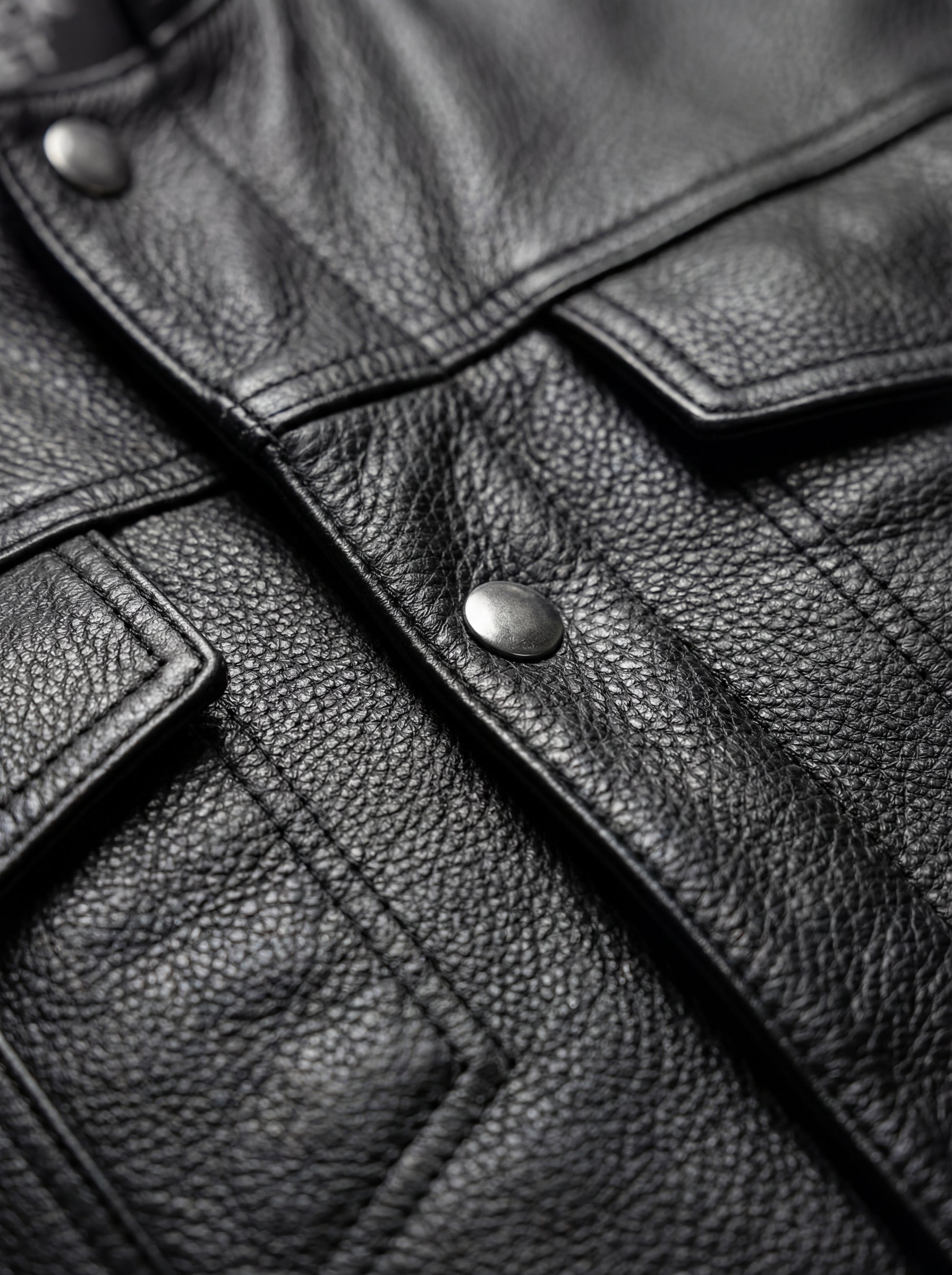 Macro shot of pebbled black leather texture and silver snap button hardware on biker vest. The Oakley by Maverick Jacket.