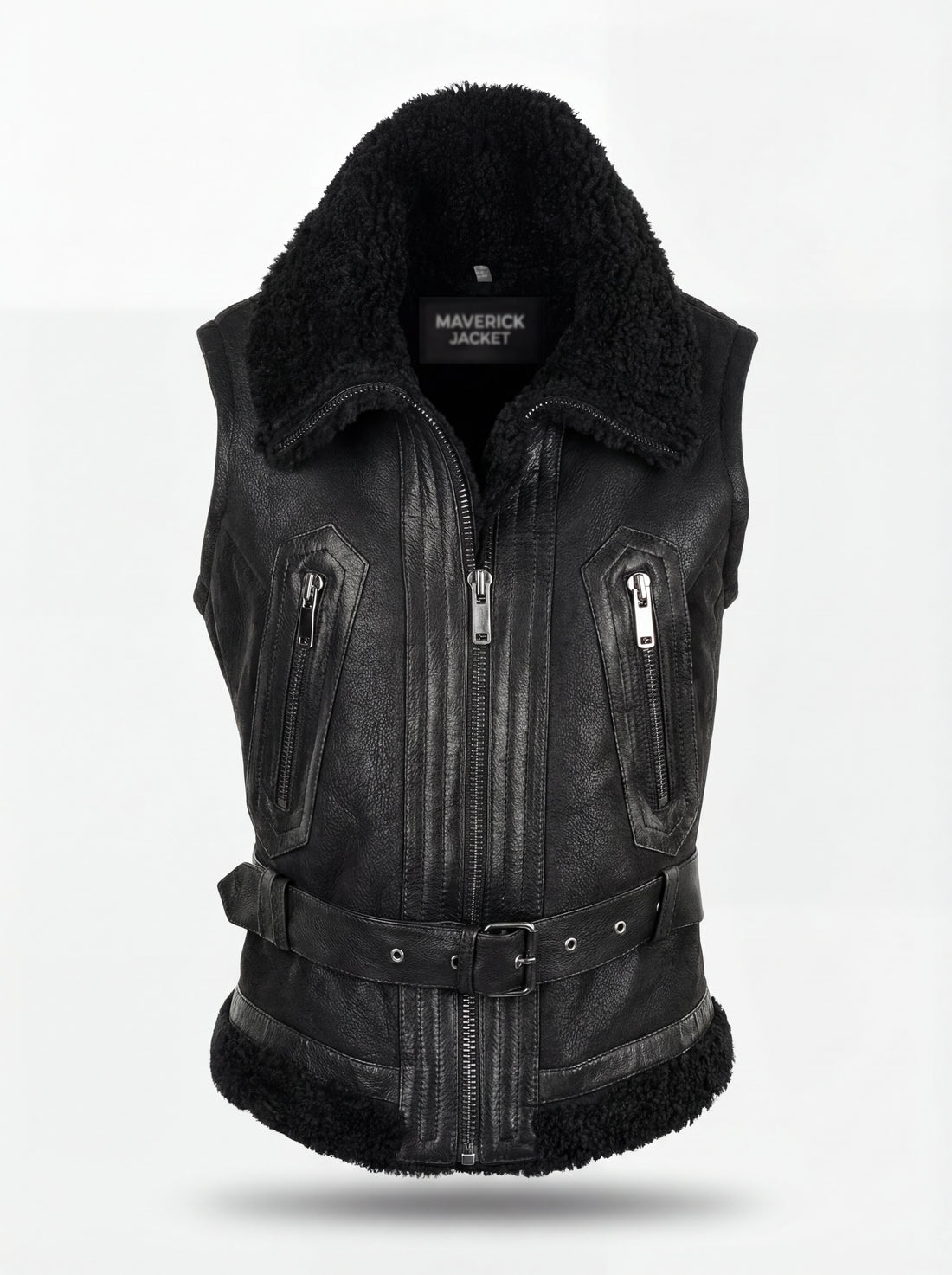 Women's black leather shearling vest with adjustable waist belt and zippered pockets, Front View. The Aves by Maverick Jacket.