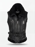 Women's black leather shearling vest with adjustable waist belt and zippered pockets, Front View. The Aves by Maverick Jacket.