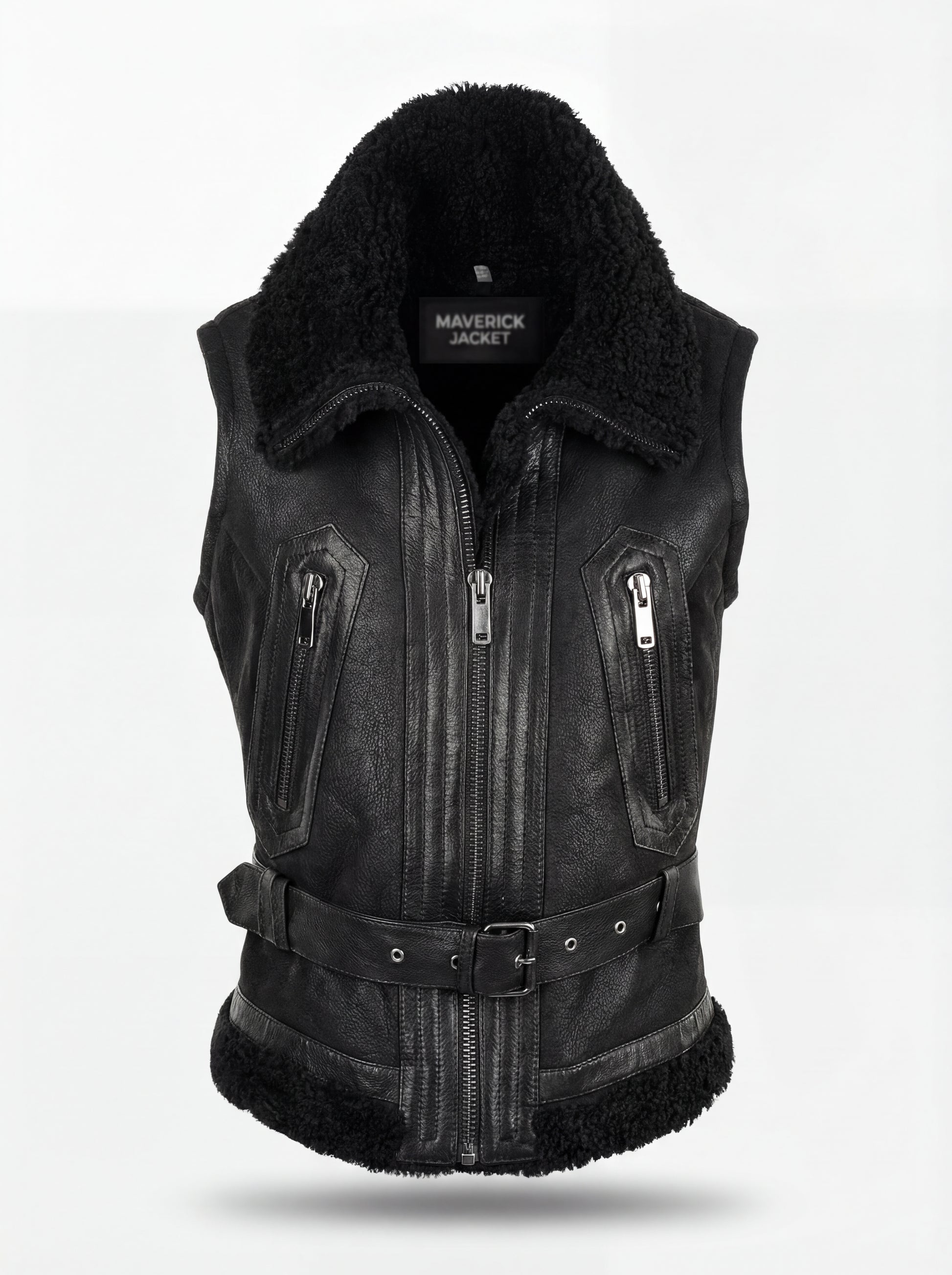 Women's black leather shearling vest with adjustable waist belt and zippered pockets, Front View. The Aves by Maverick Jacket.