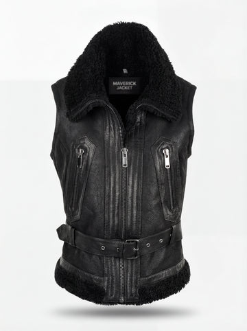 Women's black leather shearling vest with adjustable waist belt and zippered pockets, Front View. The Aves by Maverick Jacket.