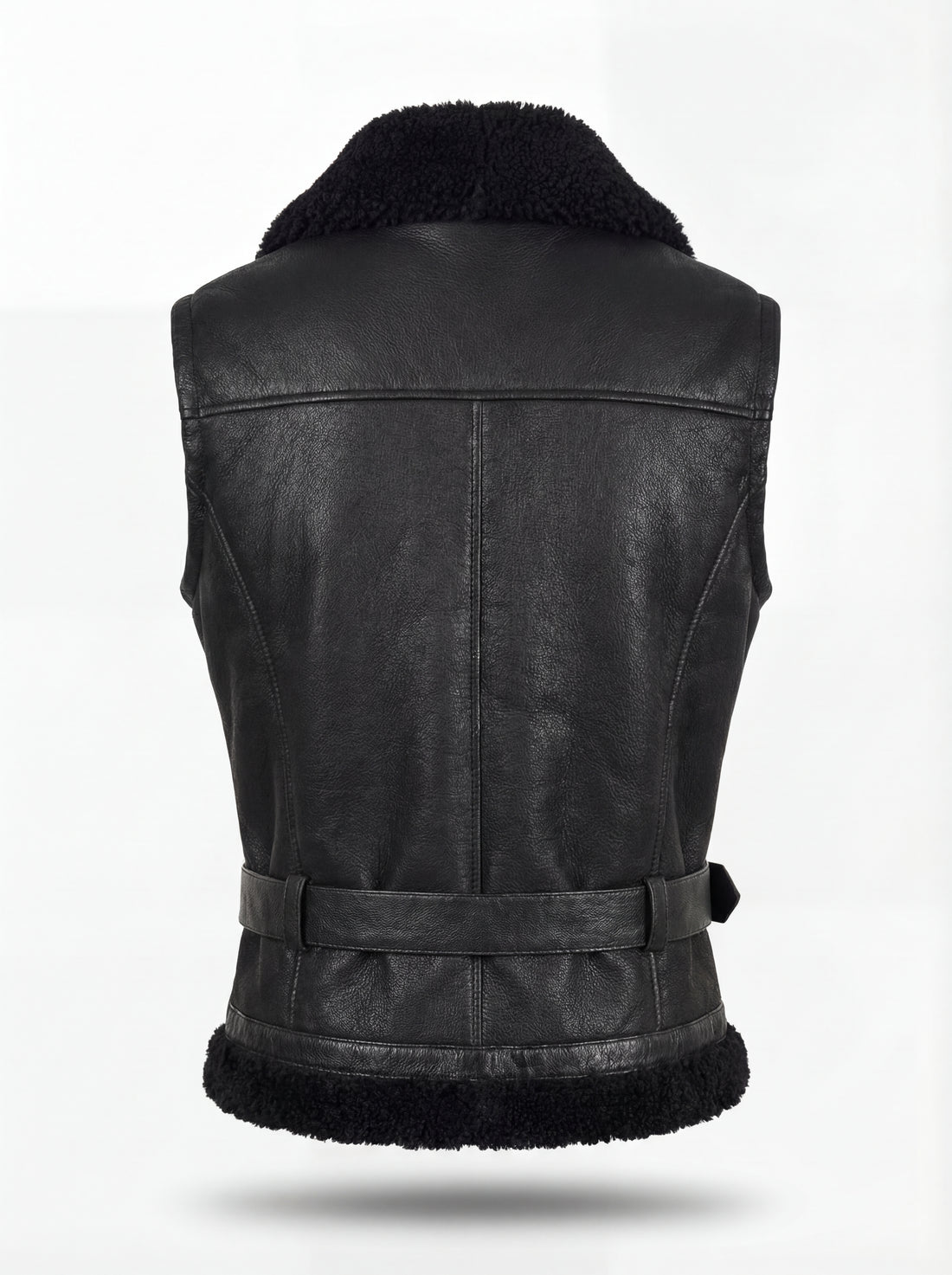 Women's black leather shearling vest with adjustable waist belt and zippered pockets, Front View. The Aves by Maverick Jacket.