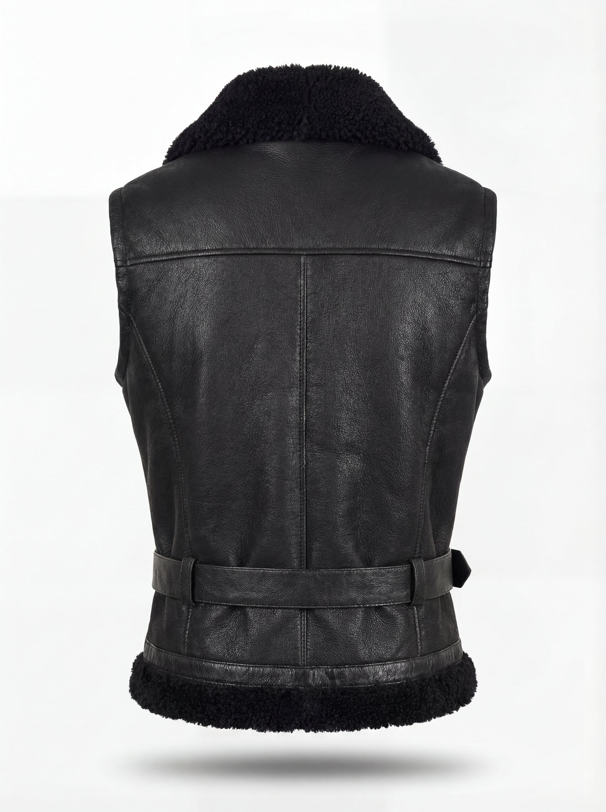 Rear view of black leather shearling vest showing vertical seam paneling and fur-lined hem. The Aves by Maverick Jacket.