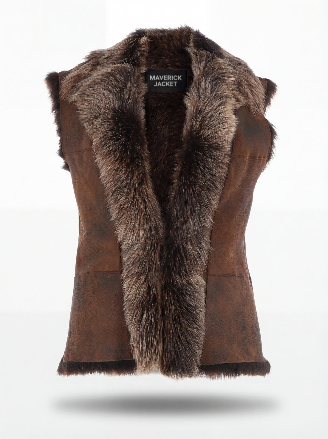 Women's brown distressed leather shearling vest with plush fur lapels and collar, Front View. The Freya by Maverick Jacket.
