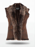 Women's brown distressed leather shearling vest with plush fur lapels and collar, Front View. The Freya by Maverick Jacket.