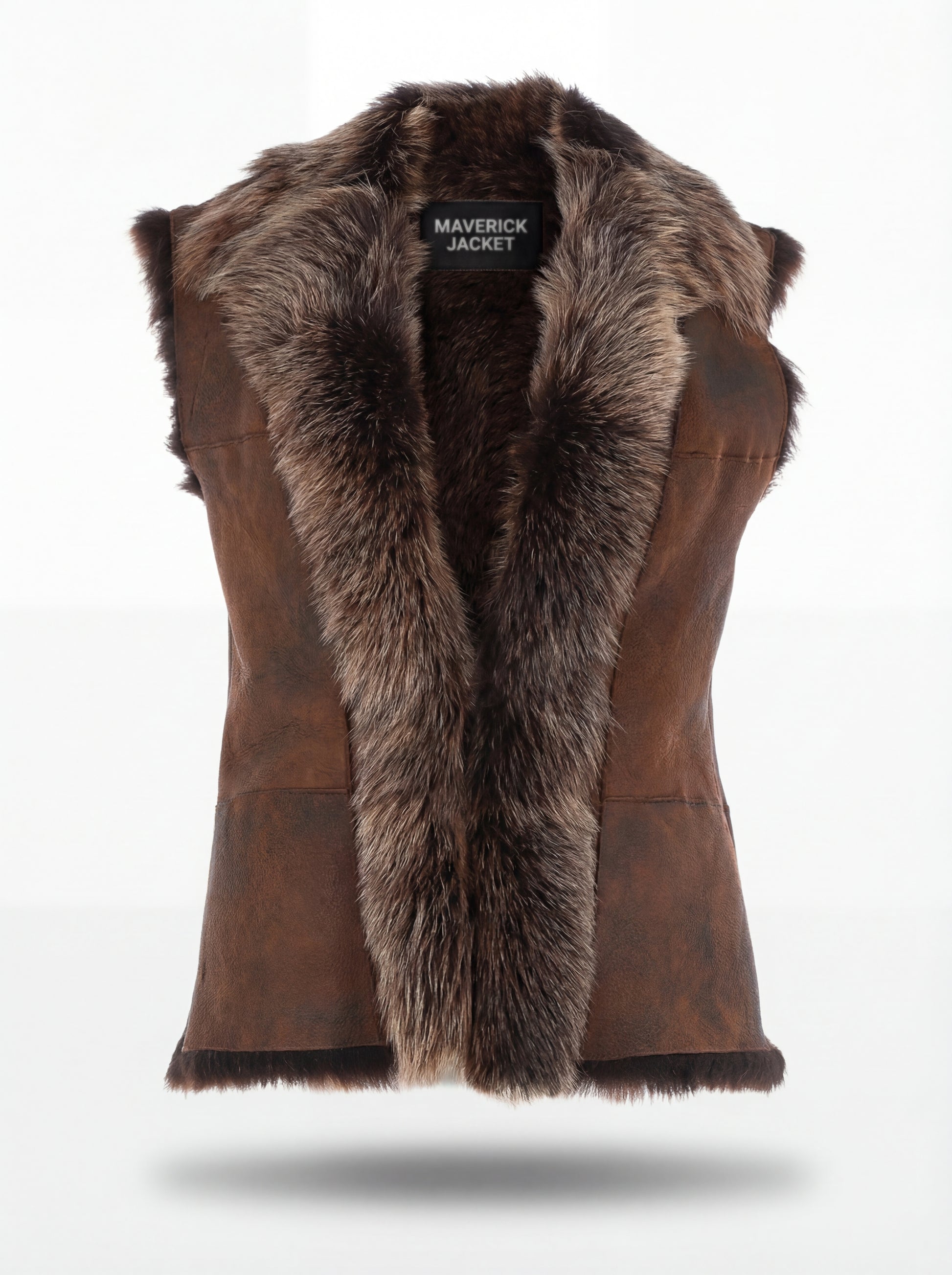 Women's brown distressed leather shearling vest with plush fur lapels and collar, Front View. The Freya by Maverick Jacket.