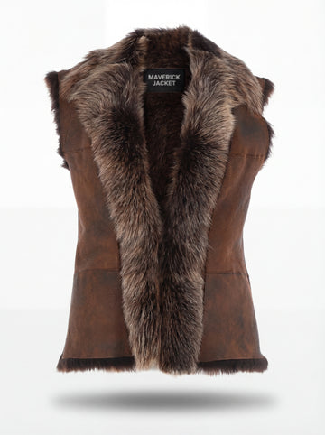 Women's brown distressed leather shearling vest with plush fur lapels and collar, Front View. The Freya by Maverick Jacket.