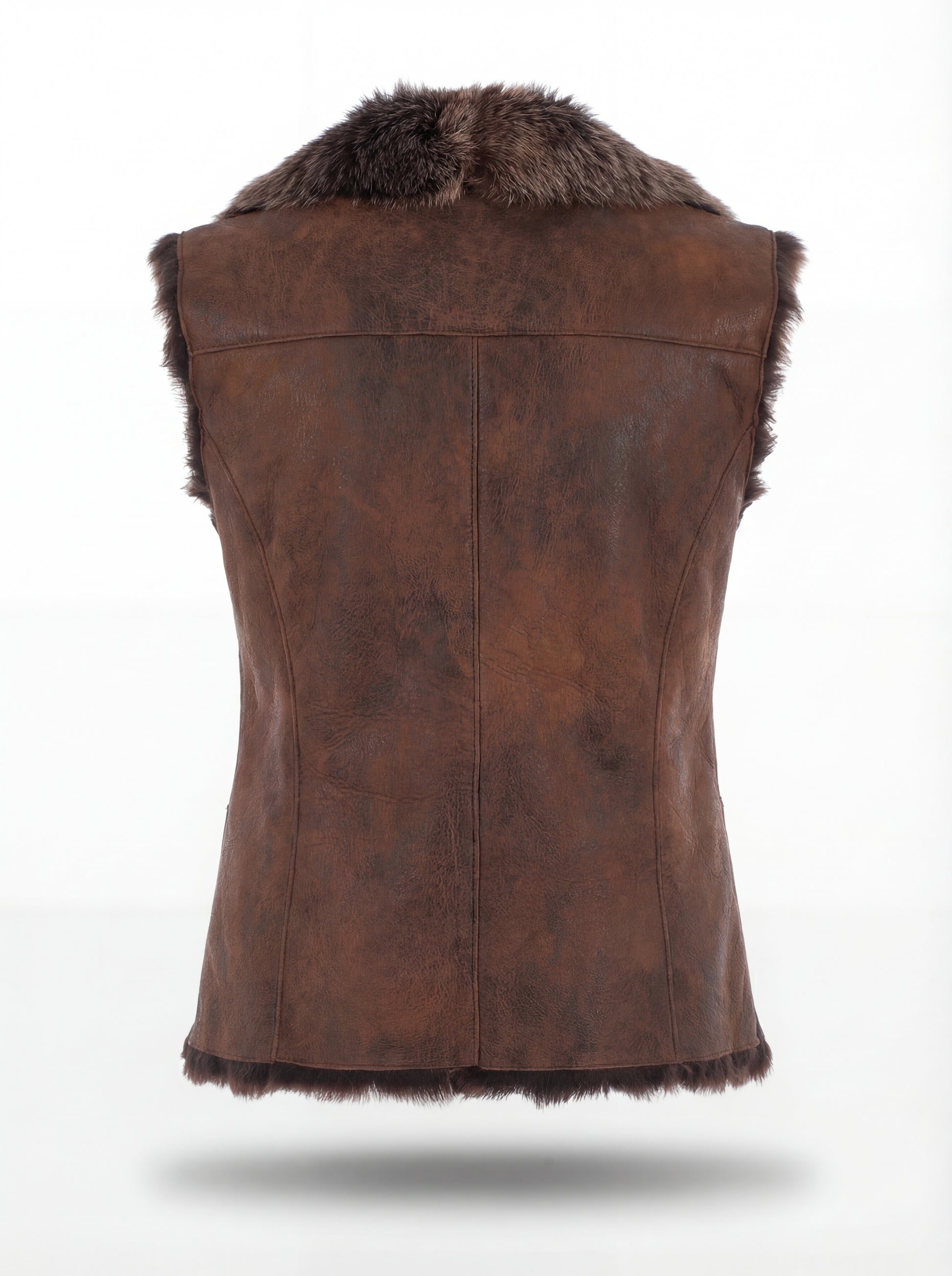 Rear view of brown distressed leather shearling vest showing vertical center seam and structured paneling. The Freya by Maverick Jacket.