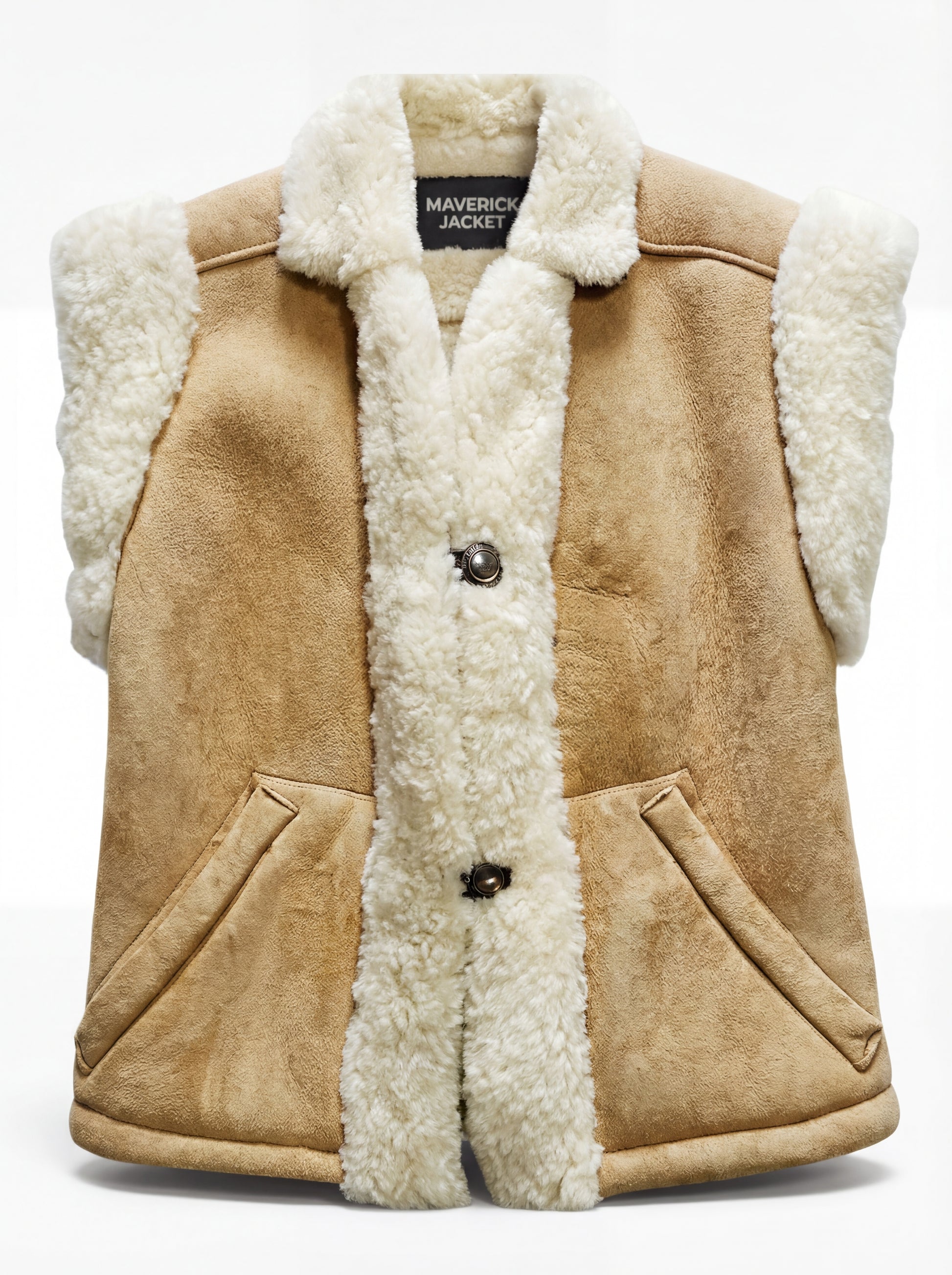Women's tan suede shearling vest with cream fur trim and button front closure, Front View. The Vail by Maverick Jacket.