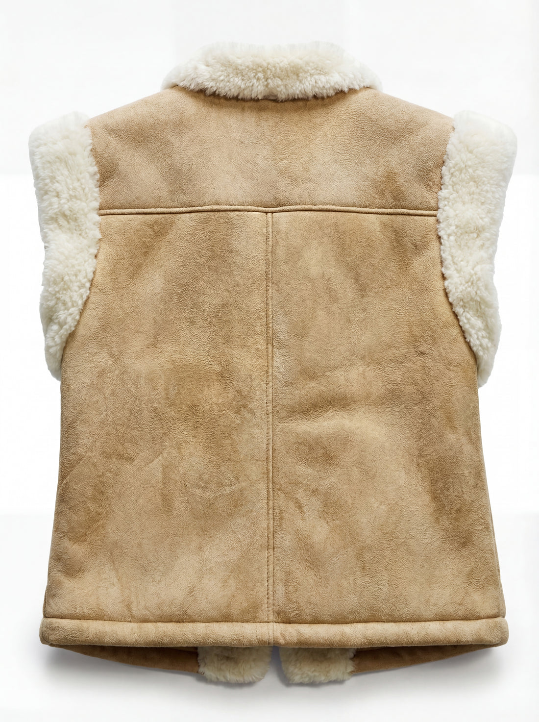 Women's tan suede shearling vest with cream fur trim and button front closure, Front View. The Vail by Maverick Jacket.
